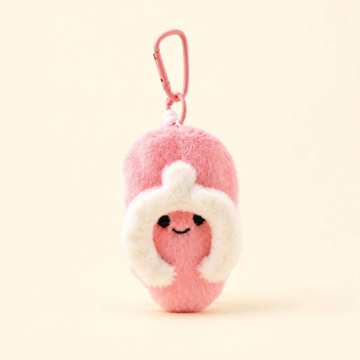 pink miniature plush flip-flop bag charm on ivory background