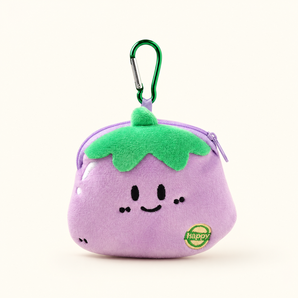 eggplant smile plush coin purse with green clip on ivory background