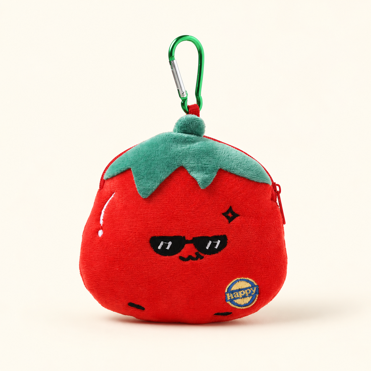 tomato cool plush coin purse with green clip on ivory background