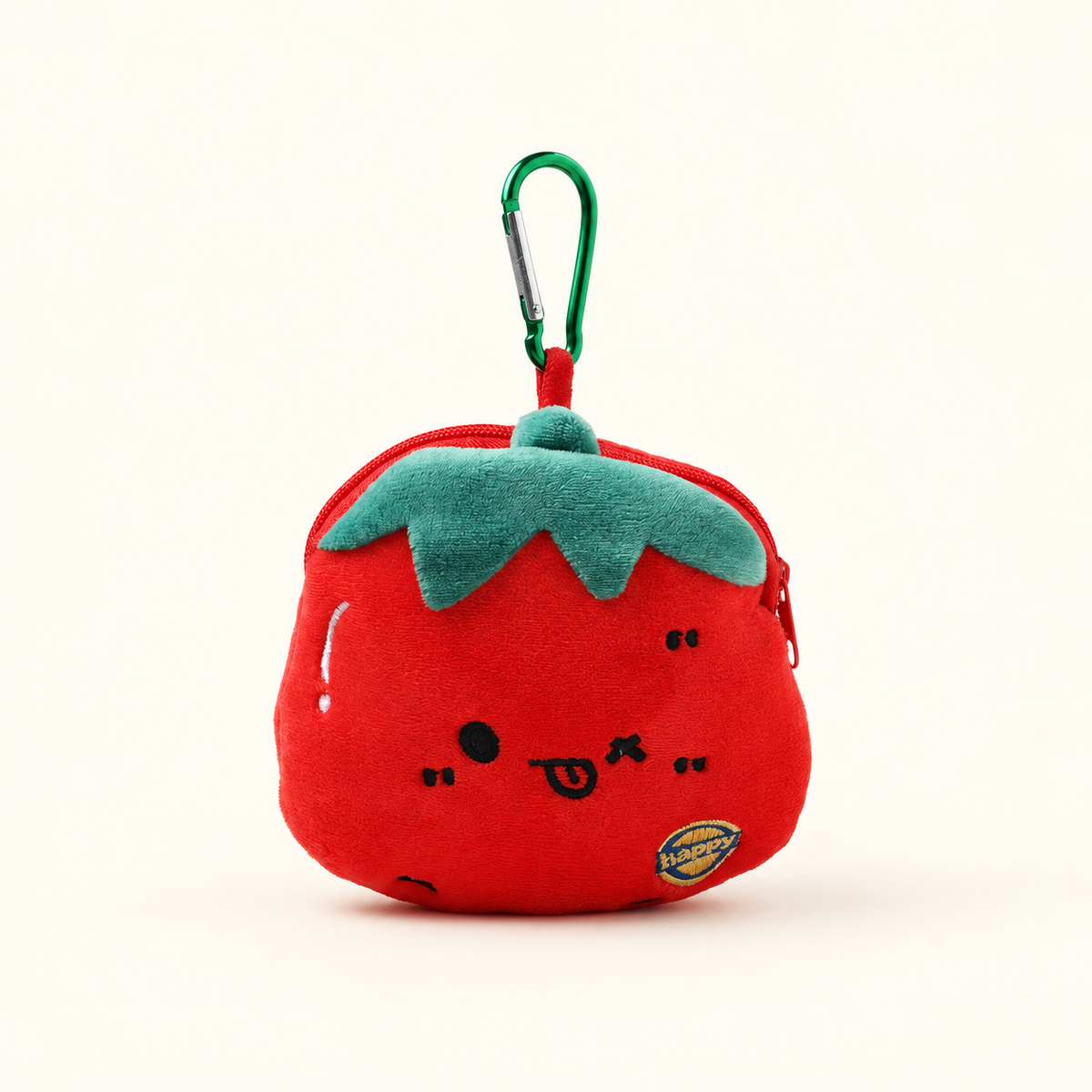 tomato tongue plush coin purse with green clip on ivory background