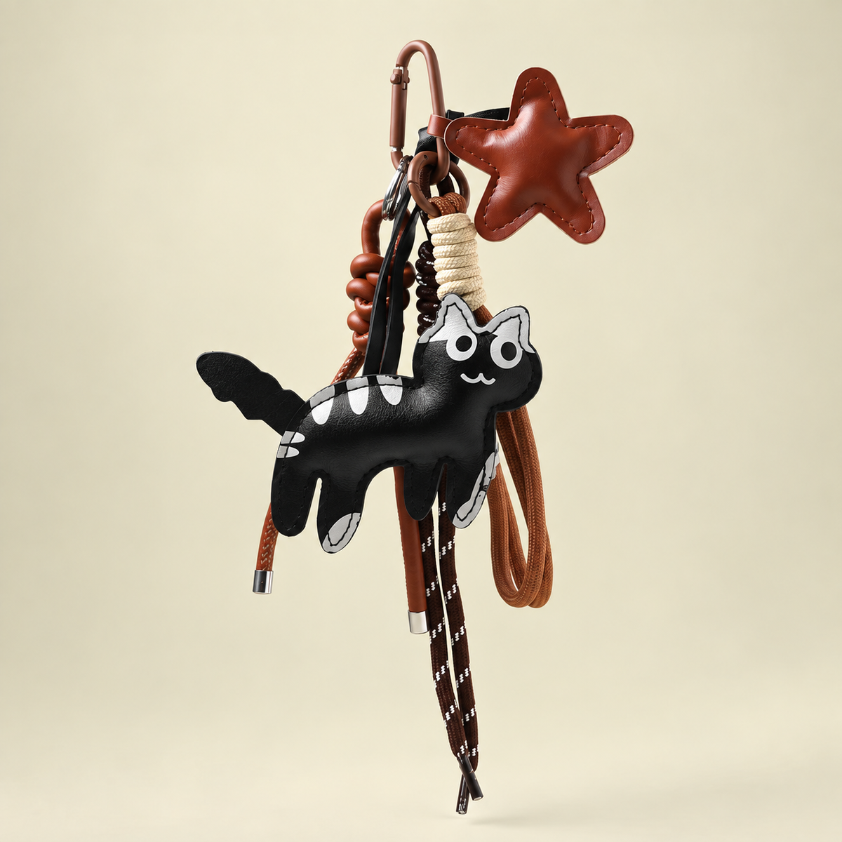 black cat bag charm with star and cords