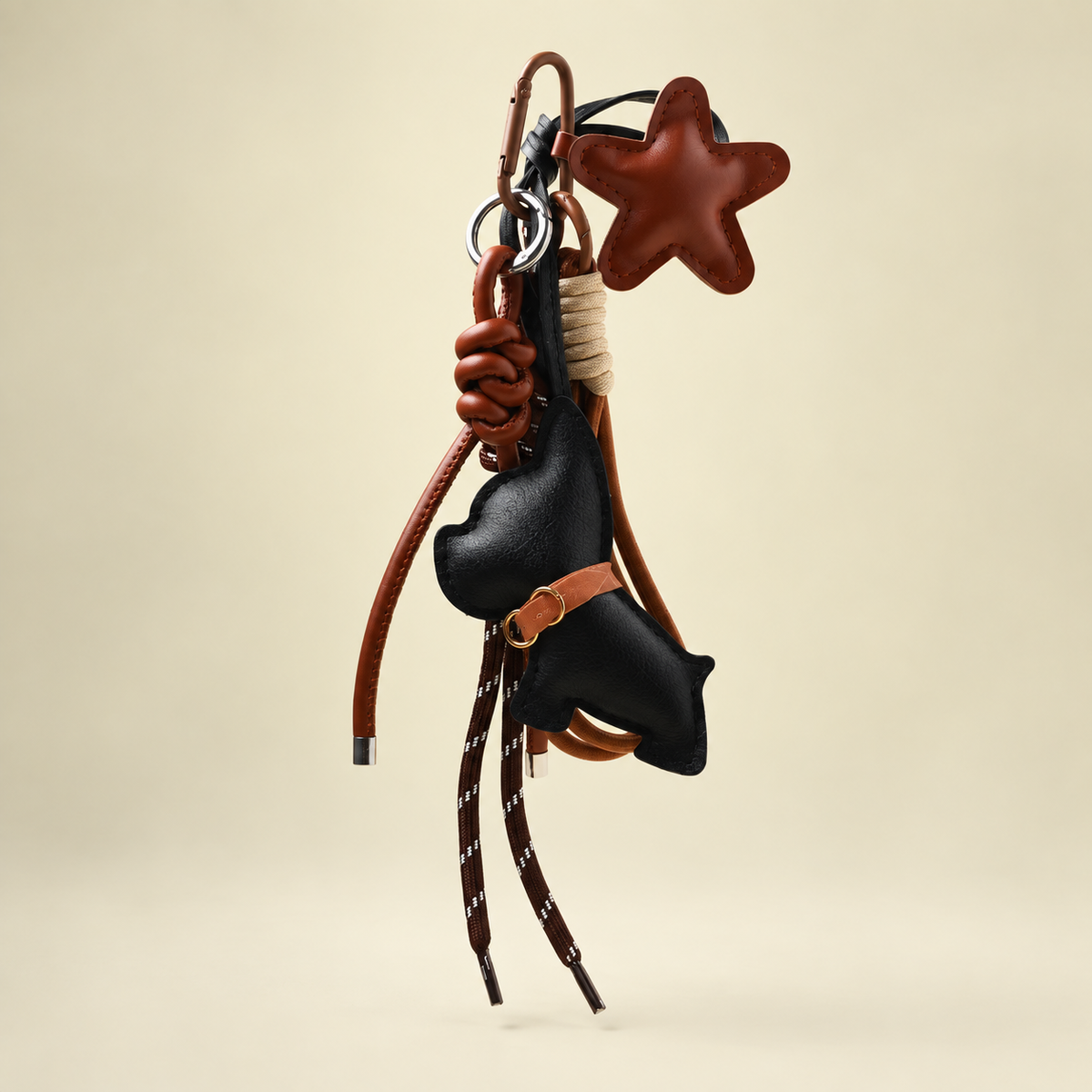 black dog bag charm with star and cords