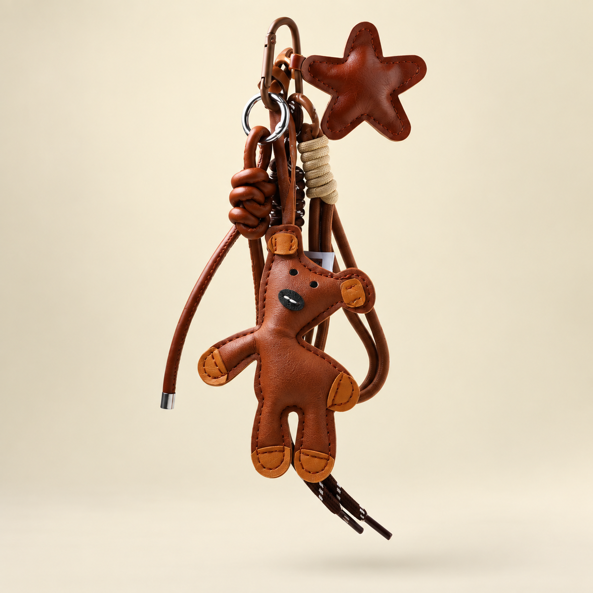 Brown tilted bear bag charm with stitched star and cords