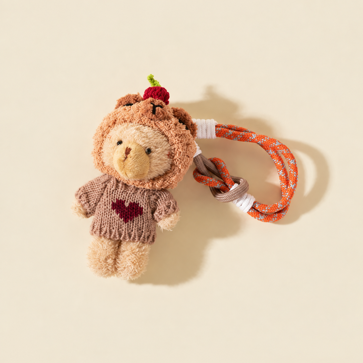 coffee hooded sweater bear with rope loop on ivory background