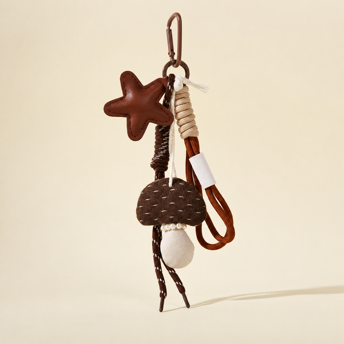 mocha mushroom bag charm with knotted cords