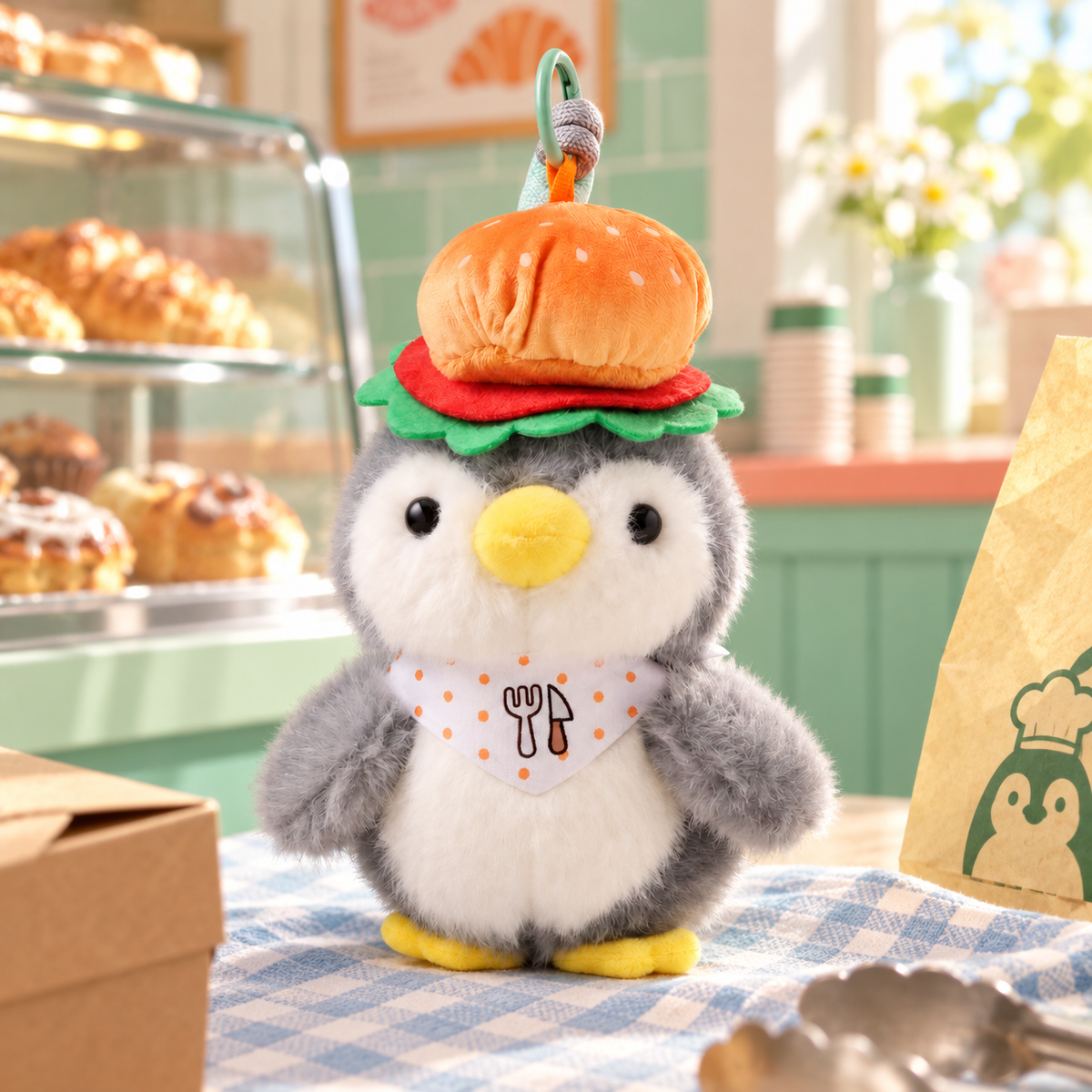 Bakery Outfit Penguin Plush Bag Charm in a styled storybook scene
