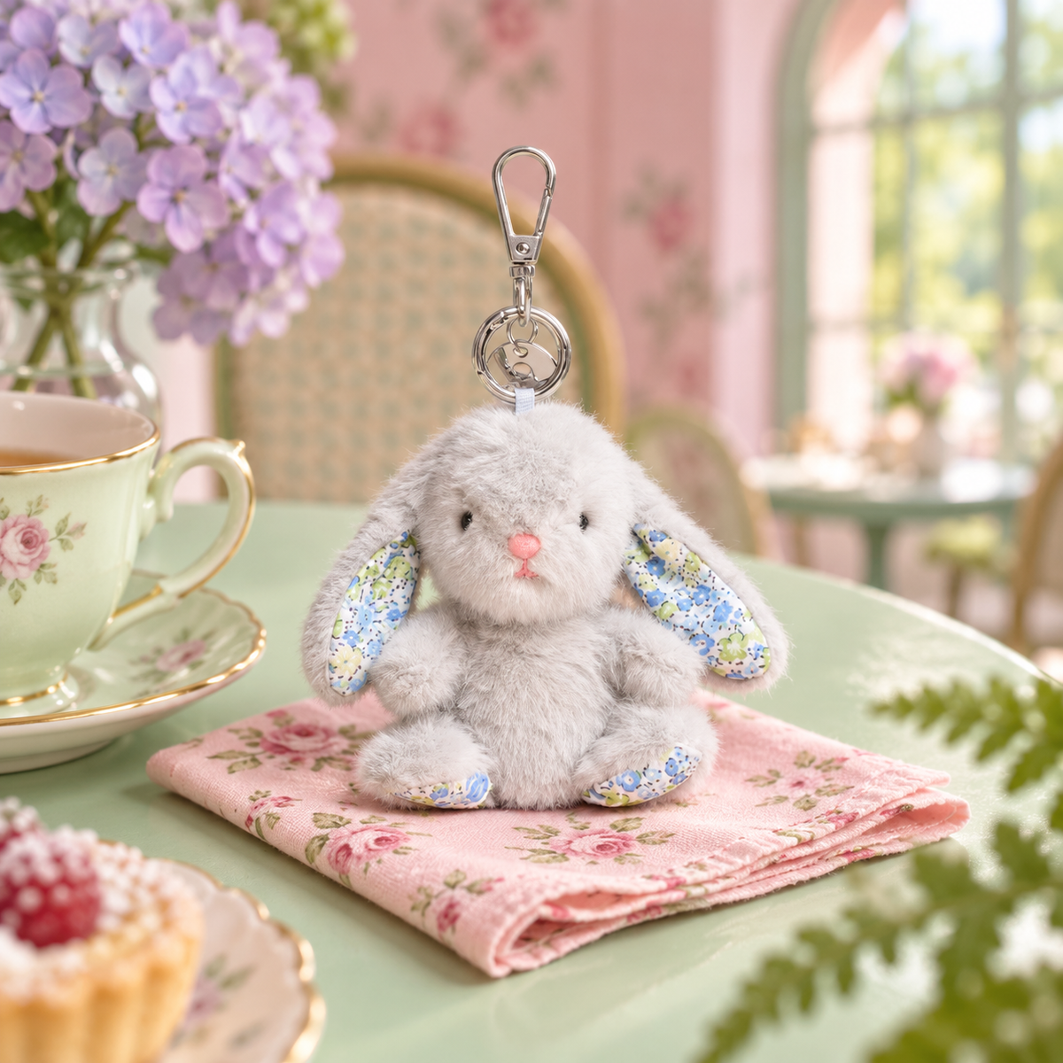 Big Ear Bunny Keychain in a styled storybook scene