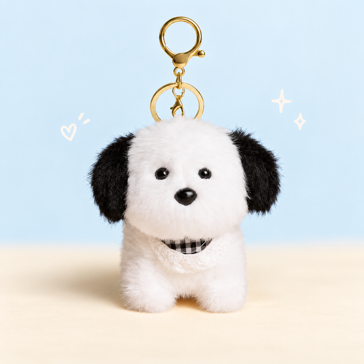 Big Ear Dog Plush Charm on a softly lit cream and pastel background.