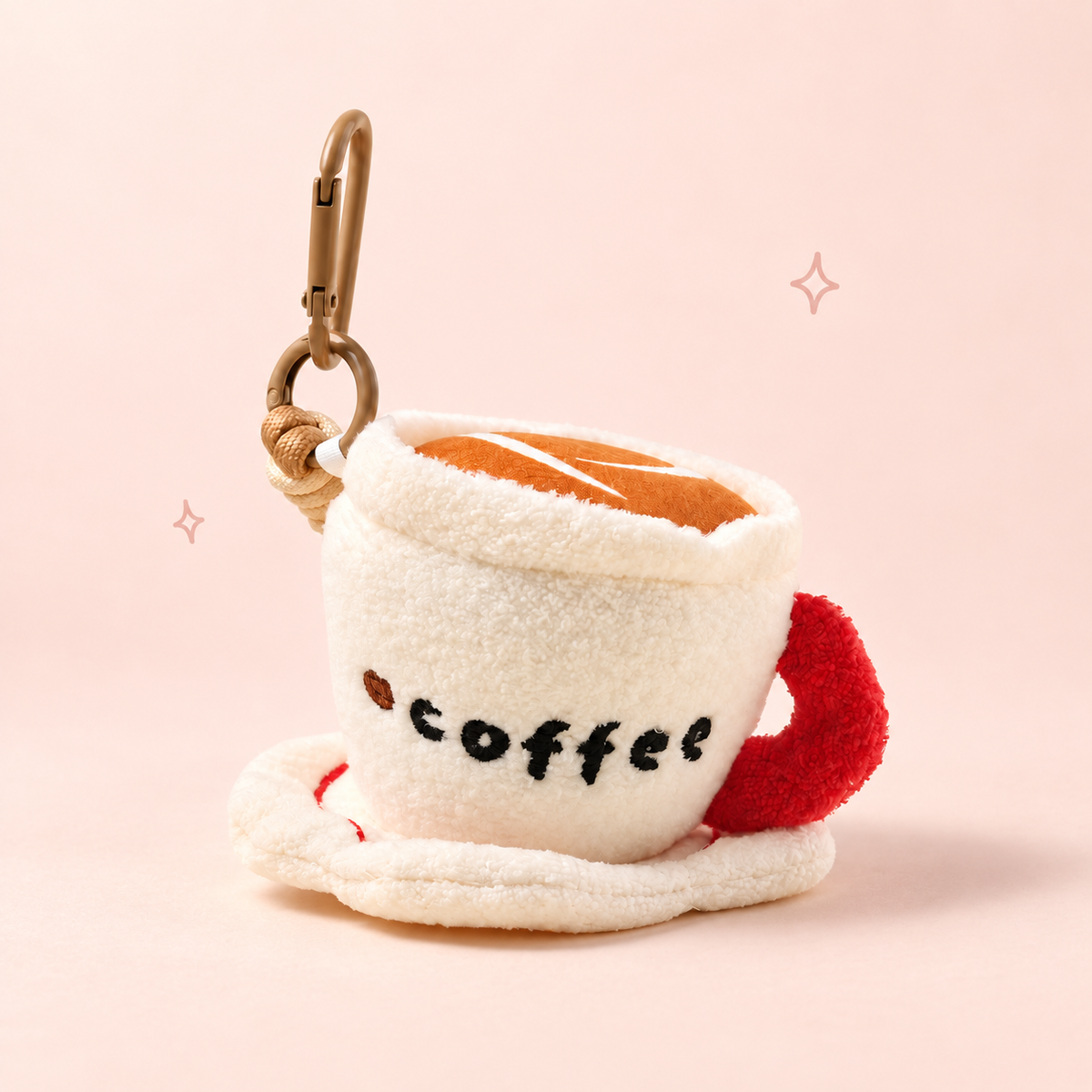 Café Breakfast Plush Bag Charm on a soft pastel background