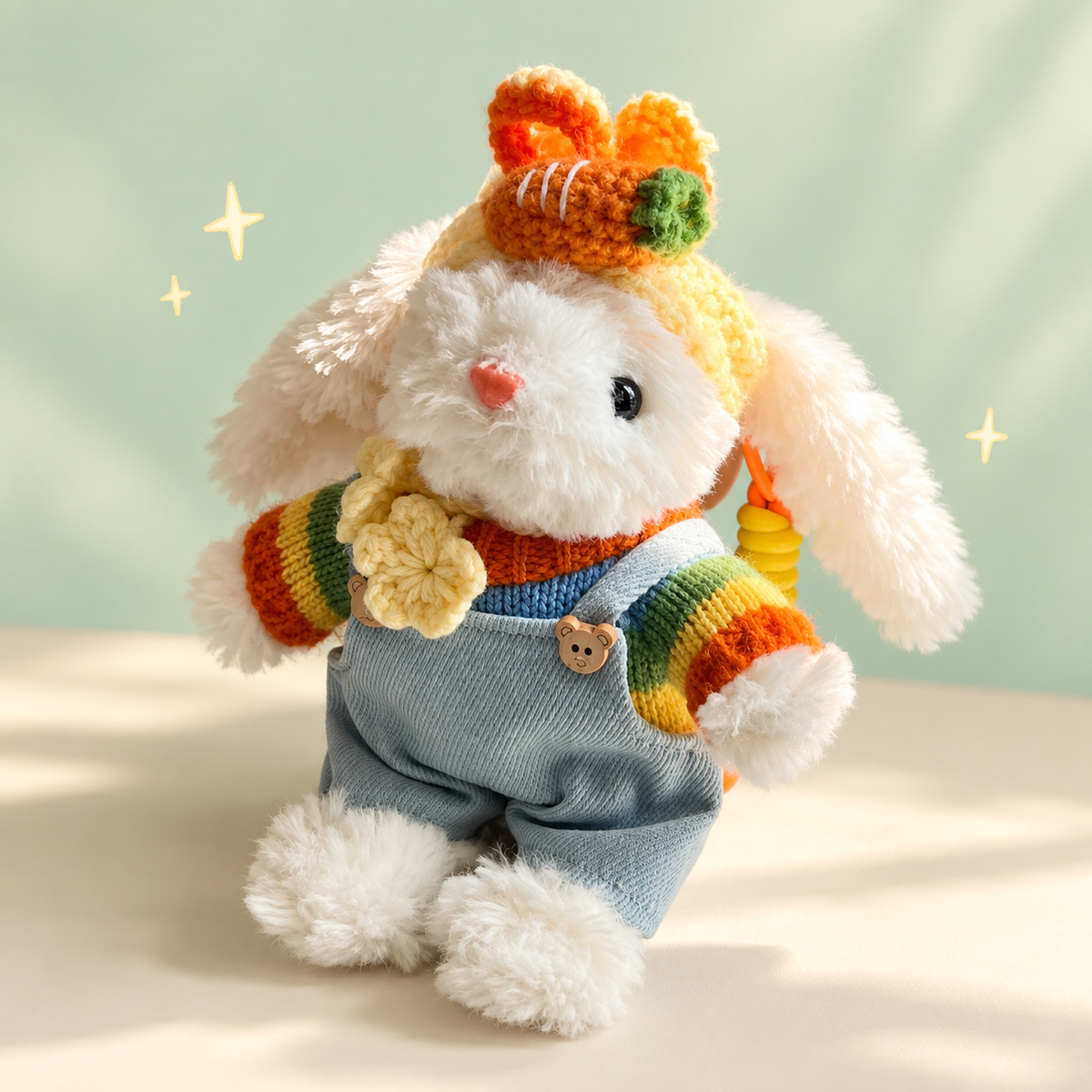 Carrot Bunny Plush Charm on a softly lit cream and pastel background.