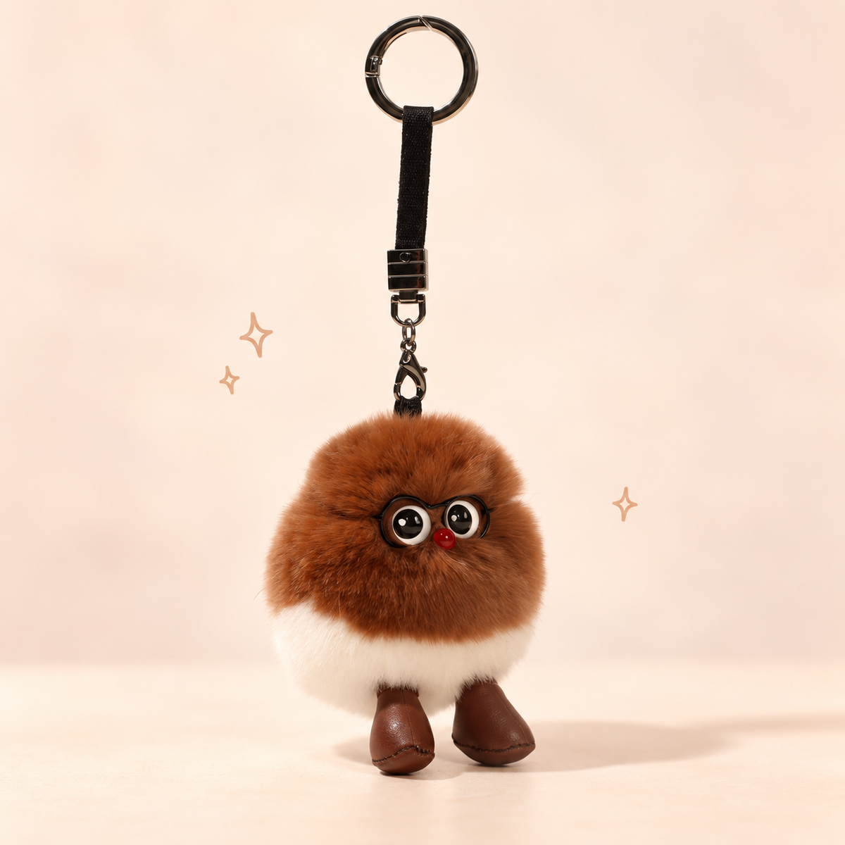 Chestnut Boy Plush Charm on a softly lit cream and pastel background.