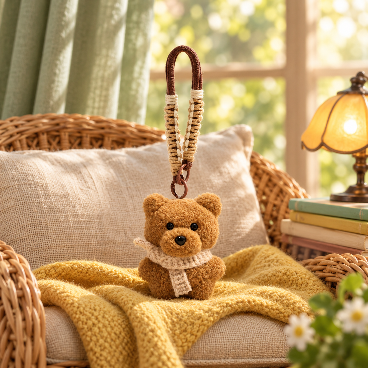 Cozy Brown Bear Charm in a styled storybook scene