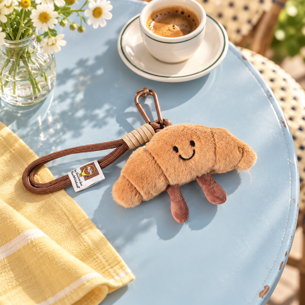Croissant Buddy Plush Charm in a styled storybook scene