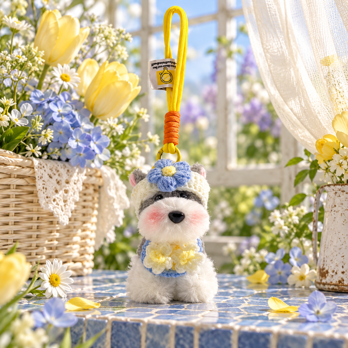 Cute Schnauzer Plush Keychain in a styled storybook scene