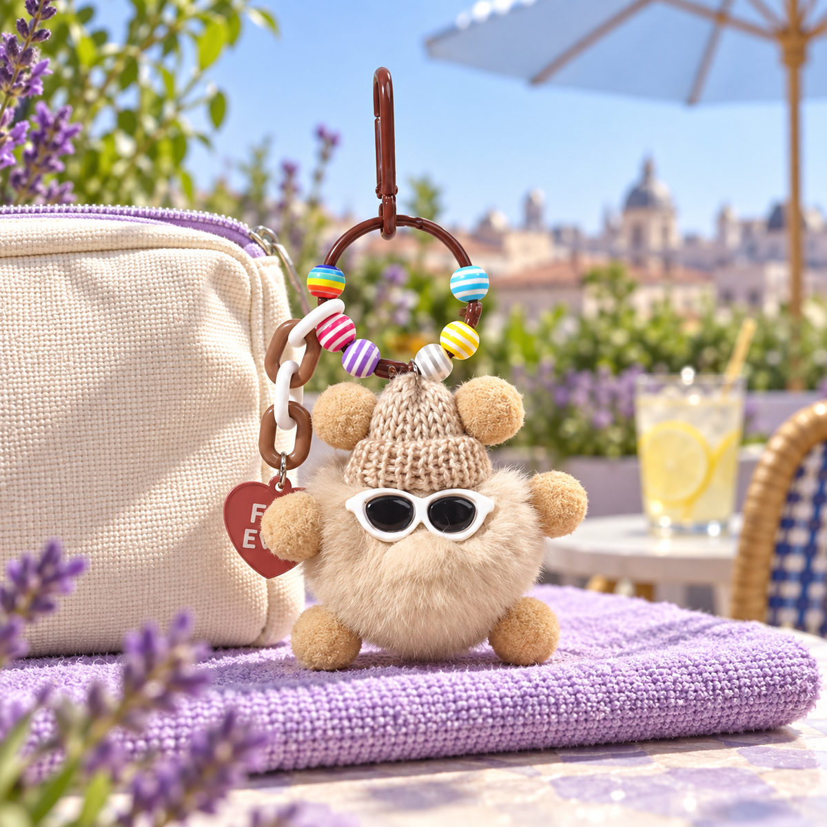 Fluffy Cool Buddy Keychain in a styled storybook scene