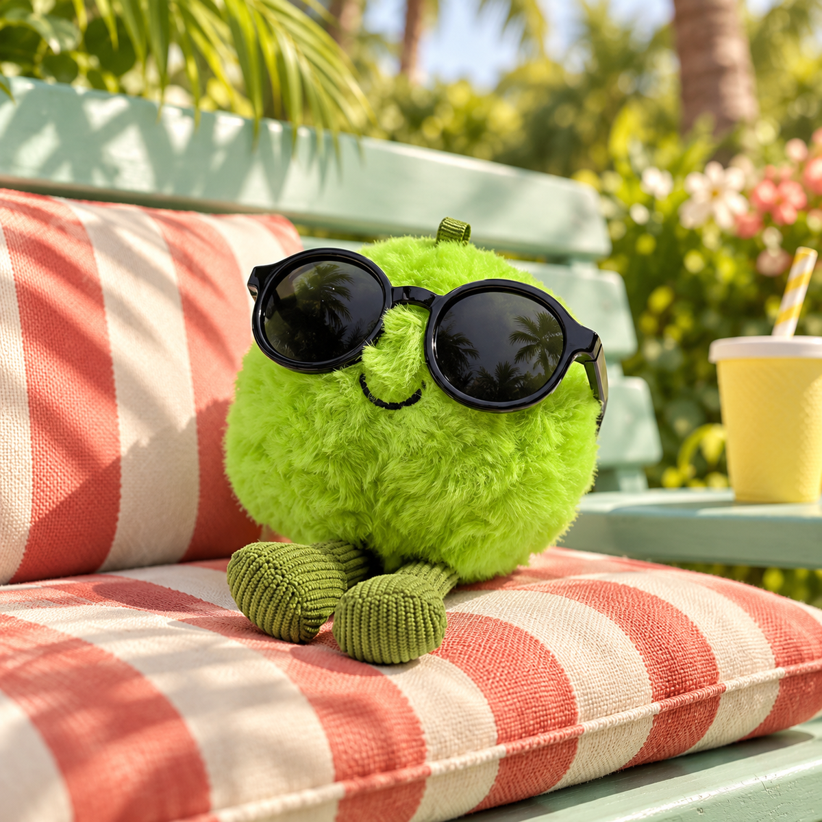 Green Pea Plush Keychain in a styled storybook scene