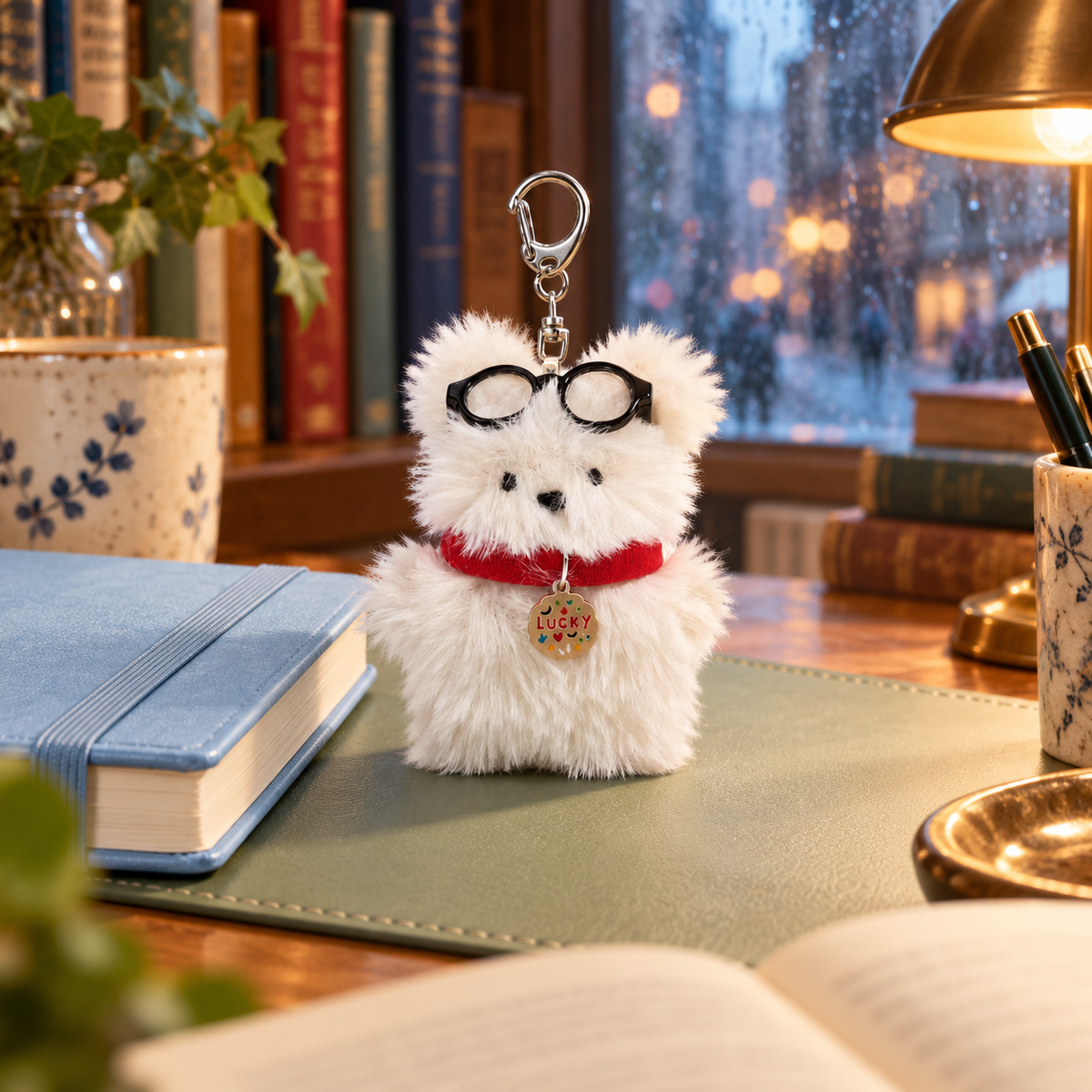 Lucky Pup Charm in a styled storybook scene