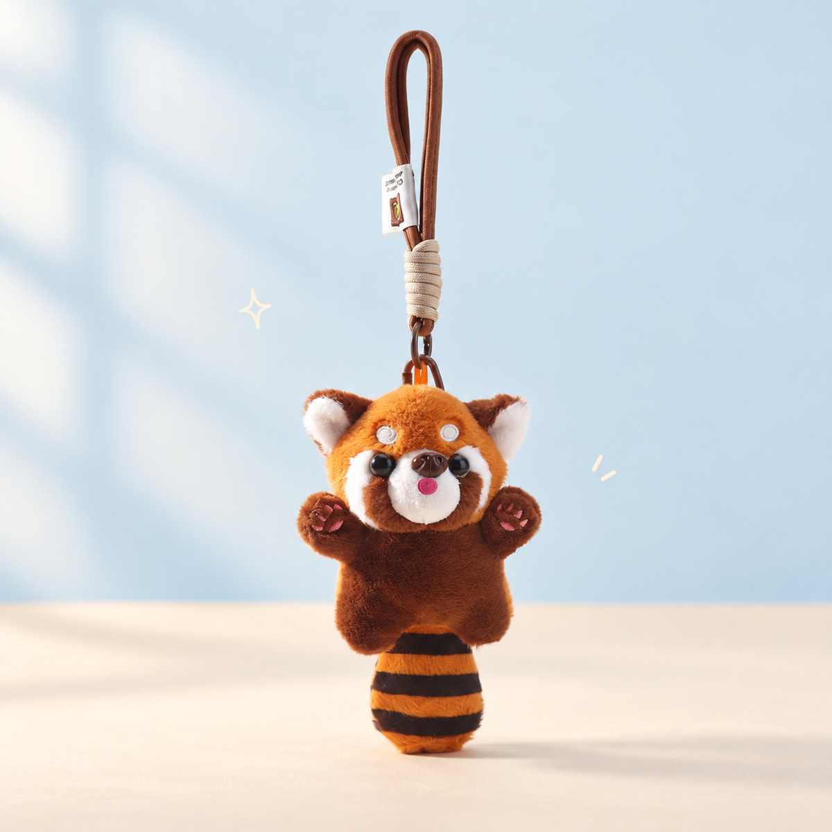 Playful Red Panda Keychain on a softly lit cream and pastel background.