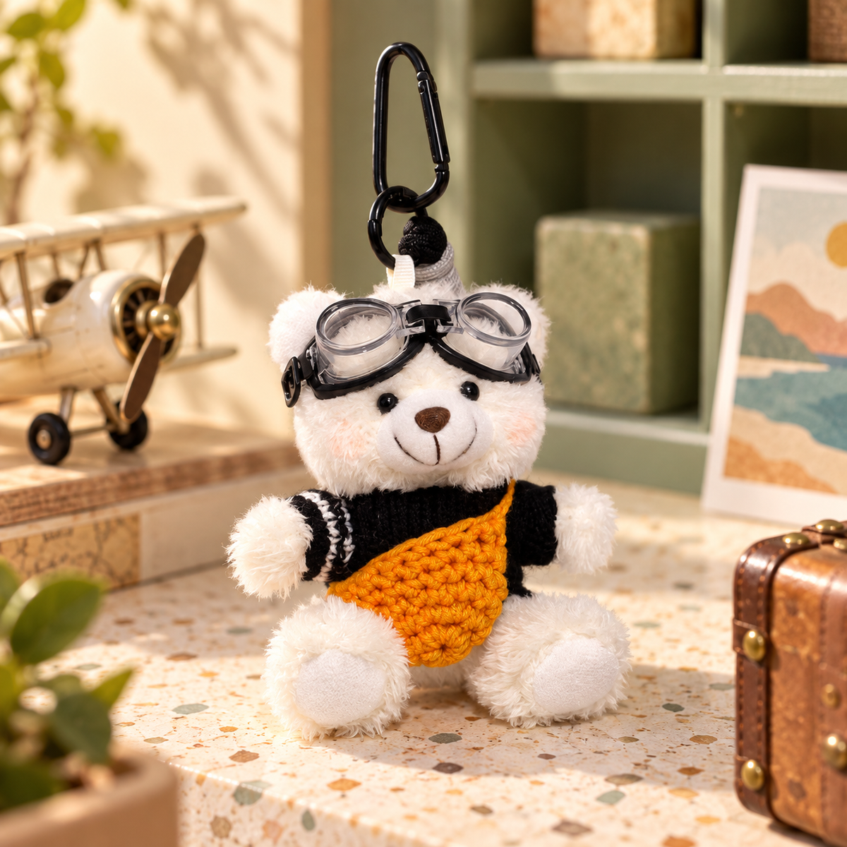 Plush Bear Charm with Goggles in a styled storybook scene
