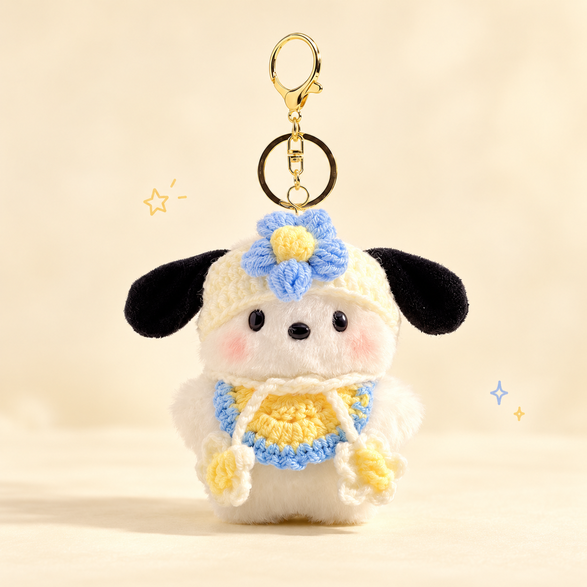 Pochacco Plush Keychain on a softly lit cream and pastel background.