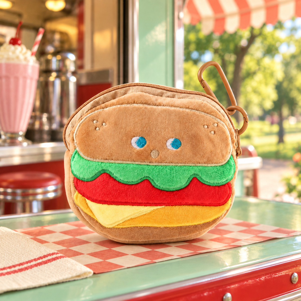 Snack Time Plush Coin Purse Charm in a styled storybook scene