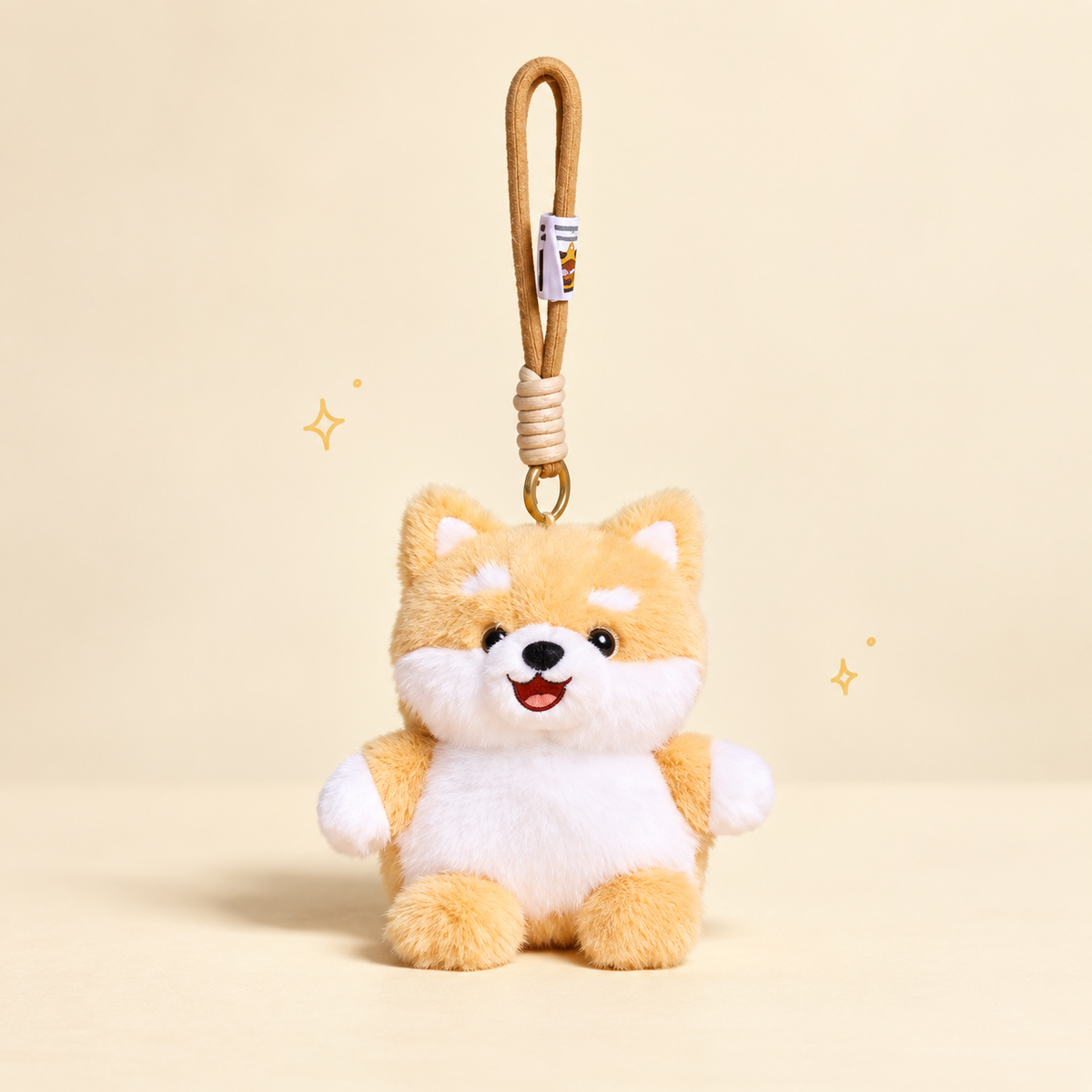 Sweet Puppy Keychain on a softly lit cream and pastel background.