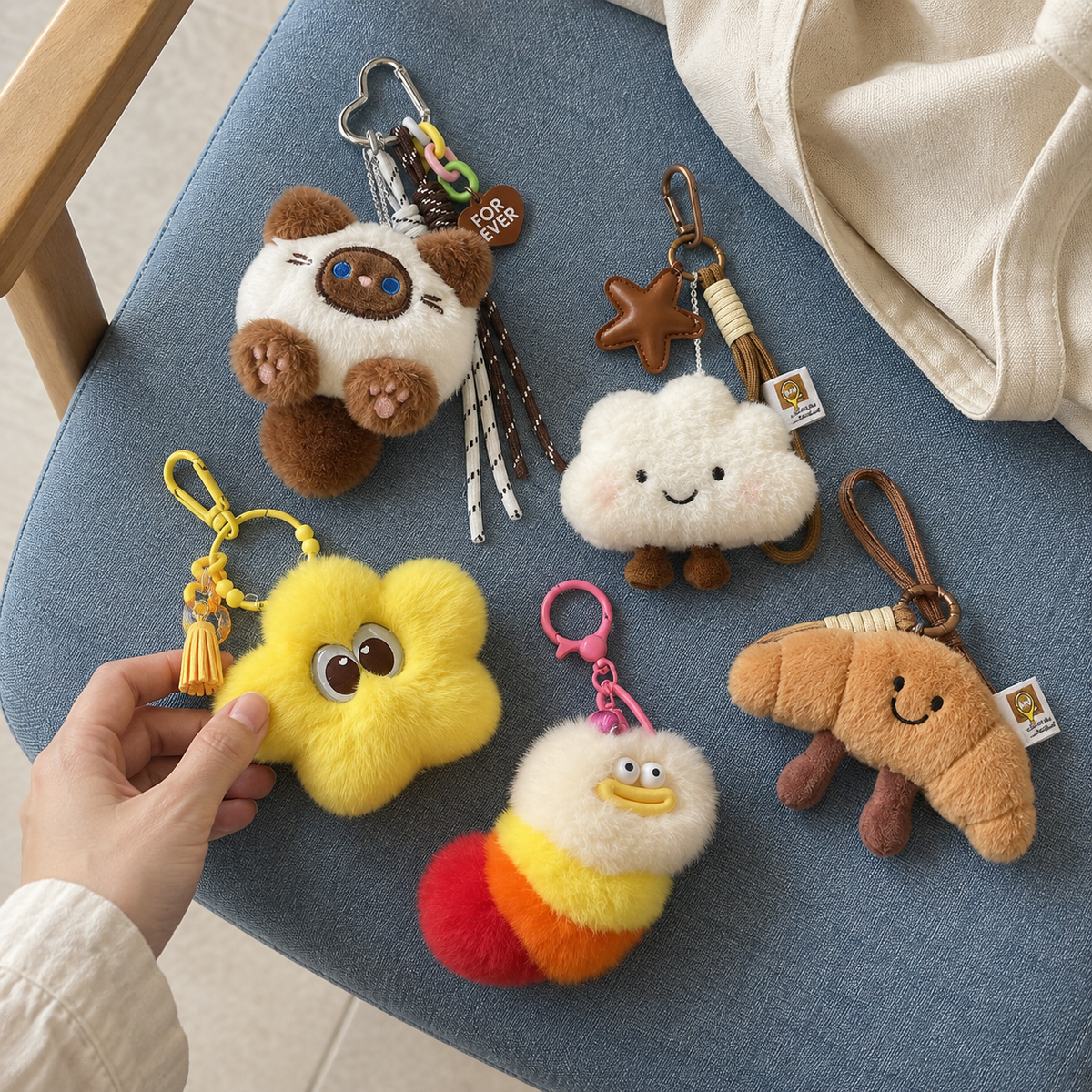Choosing a yellow star plush charm from a group of little companions on a blue chair.