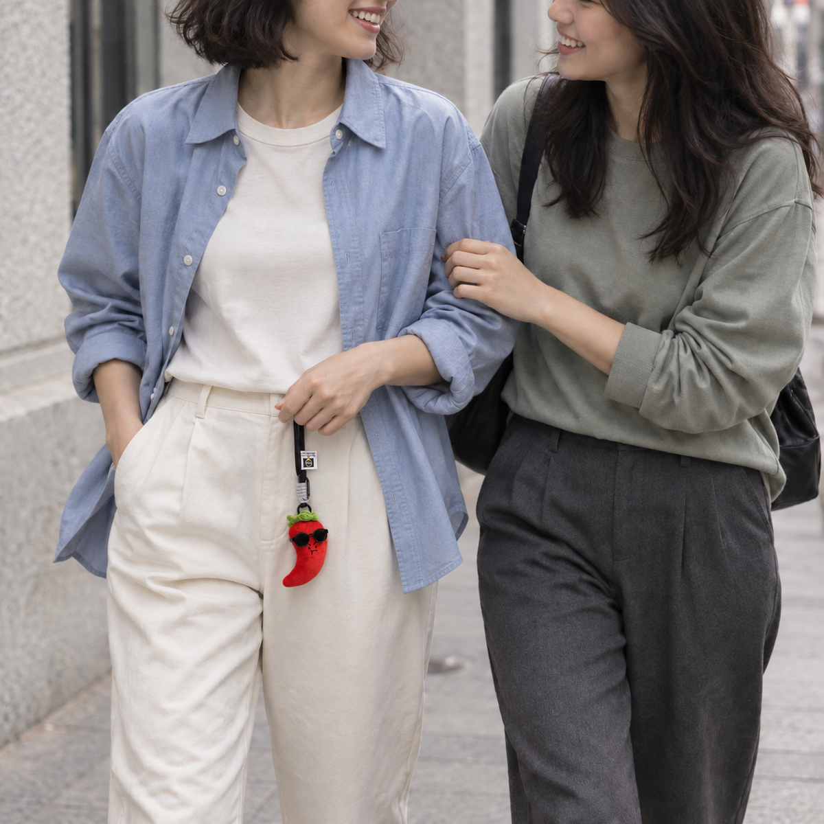 Two friends sharing a laugh outdoors, with a red chili plush charm in hand.