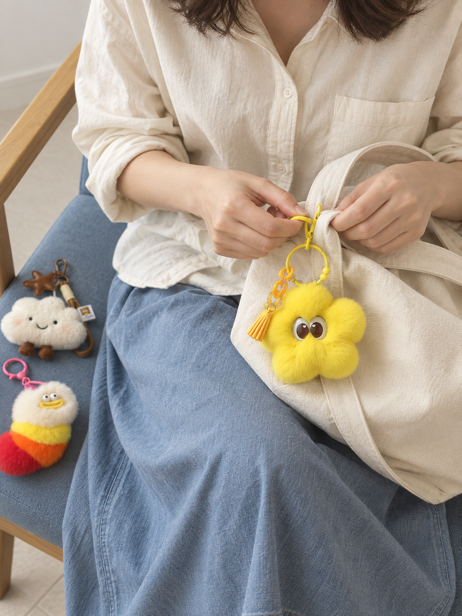 A yellow Cosmo Star plush charm being clipped onto a cream bag before heading out.