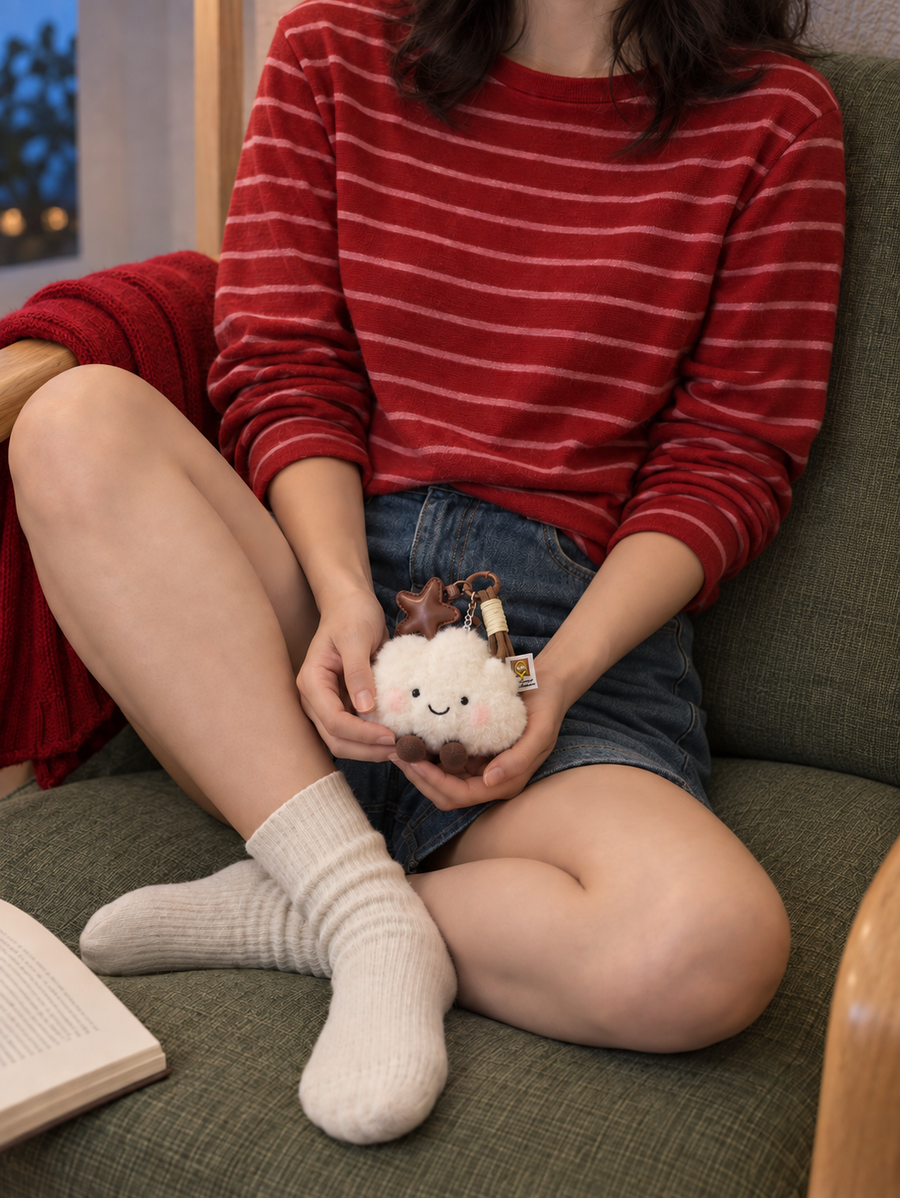 A woman in a red striped top curled up on a green chair, holding a little cloud plush charm.