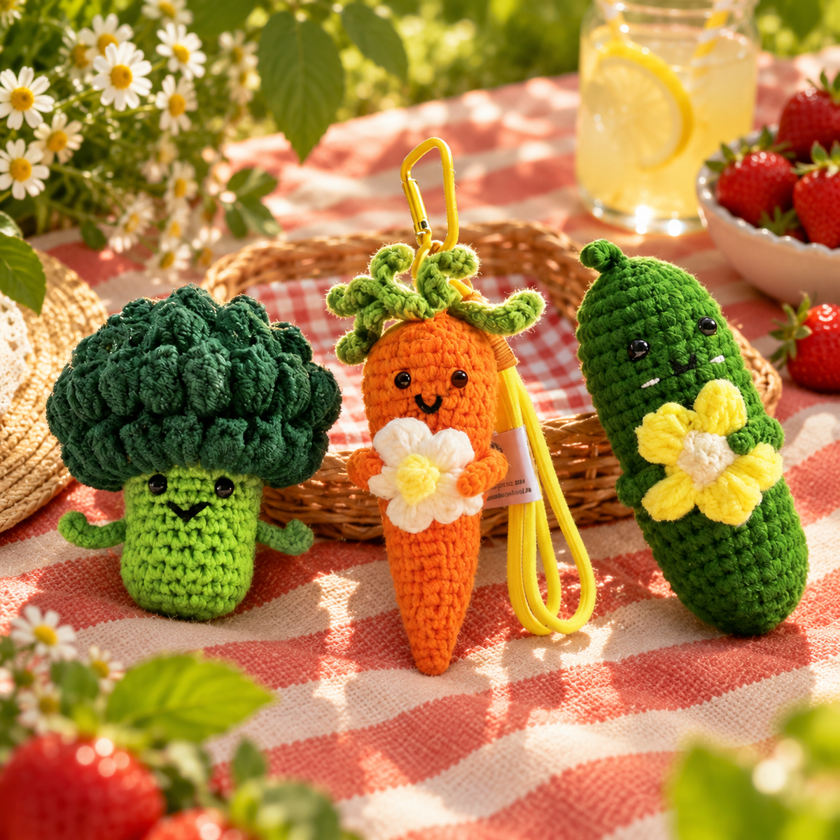 Vegetable Plush Charm Series in a styled storybook scene