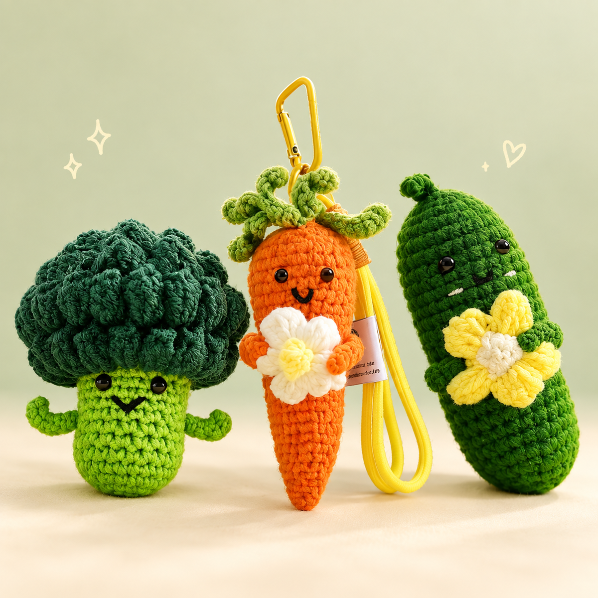 Vegetable Plush Charm Series on a softly lit cream and pastel background.