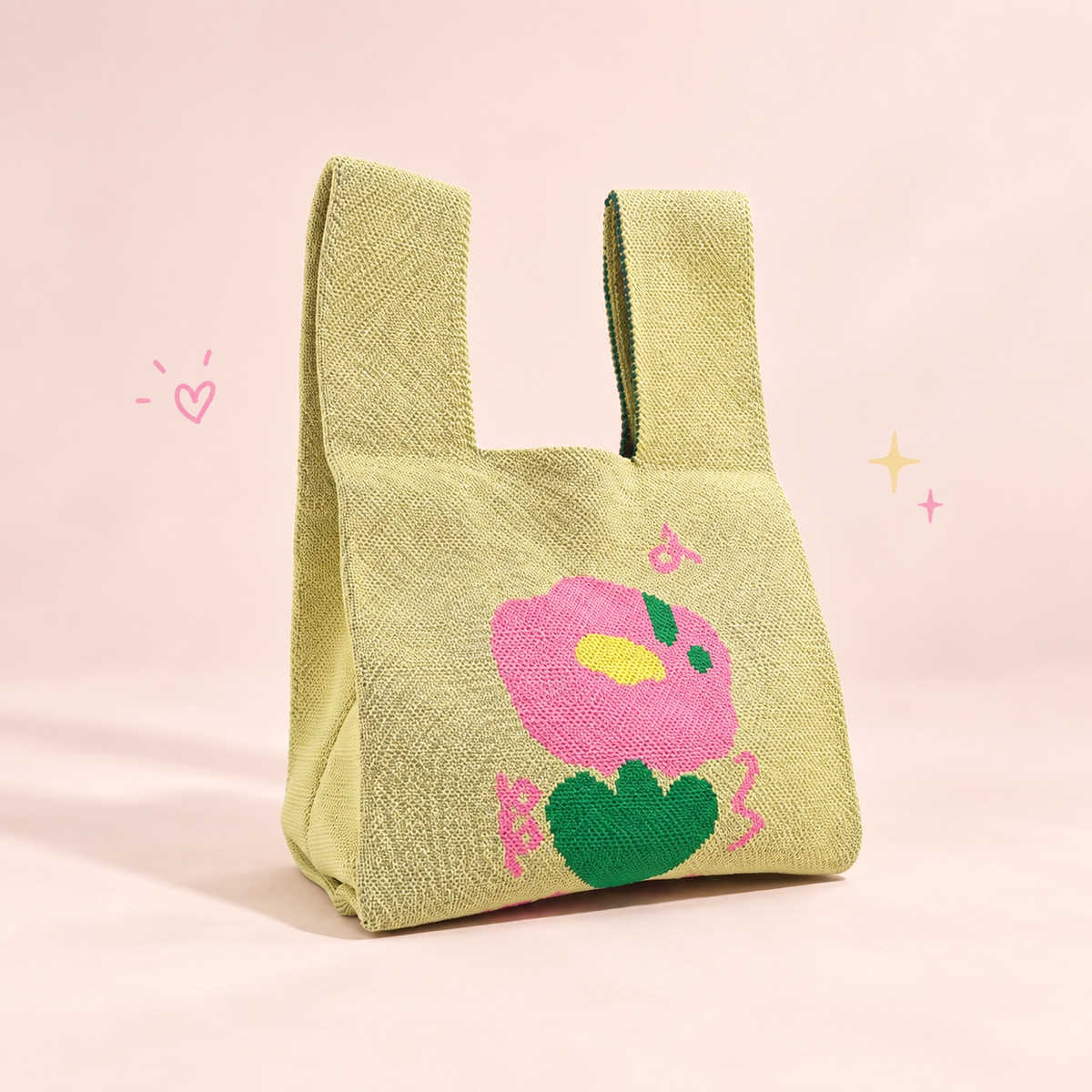 Whimsical Knit Tote Bag – Eco-Chic Style on a softly lit cream and pastel background.