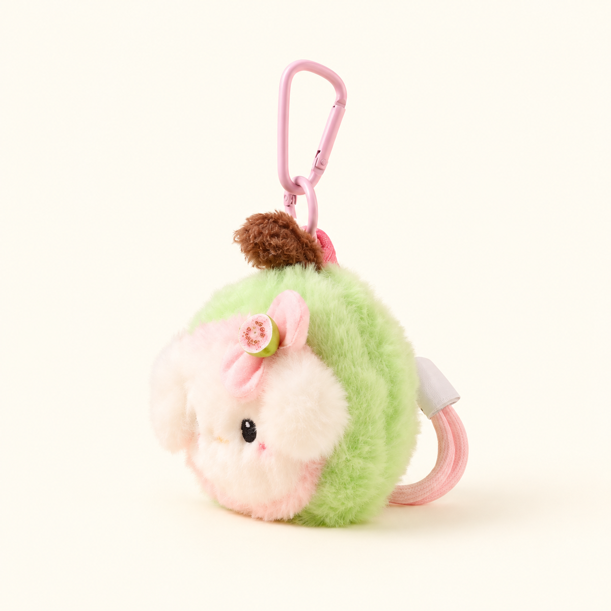 Guava puppy plush charm side view with pink cord