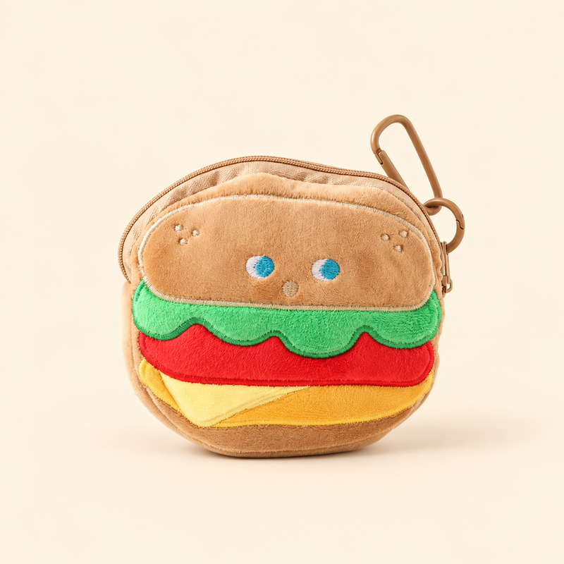 burger plush coin purse on ivory background