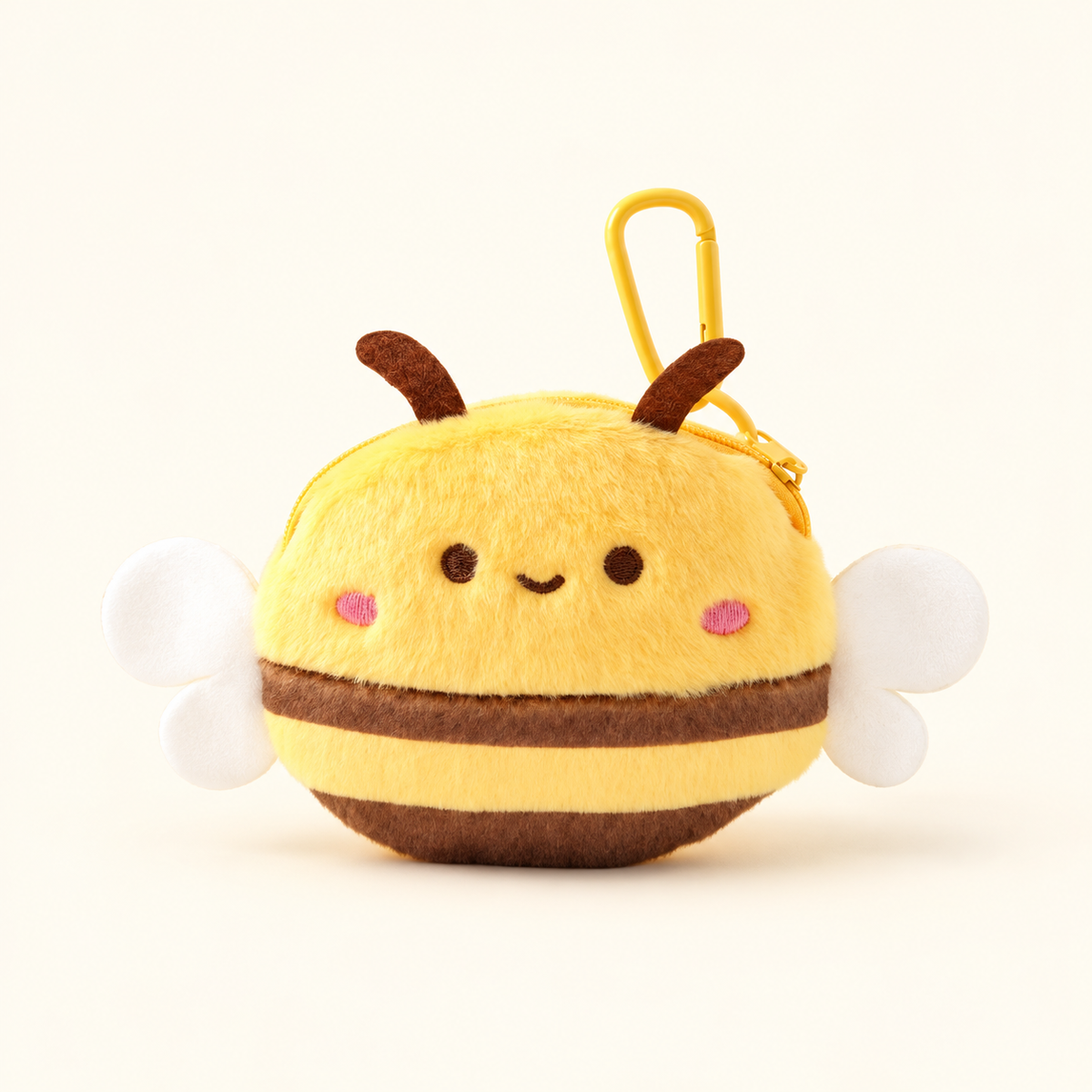 bee round plush coin purse charm on ivory background
