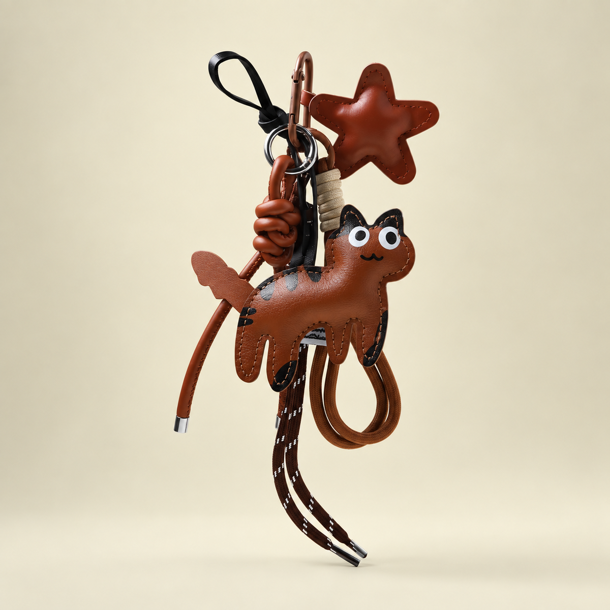 brown cat bag charm with star and cords