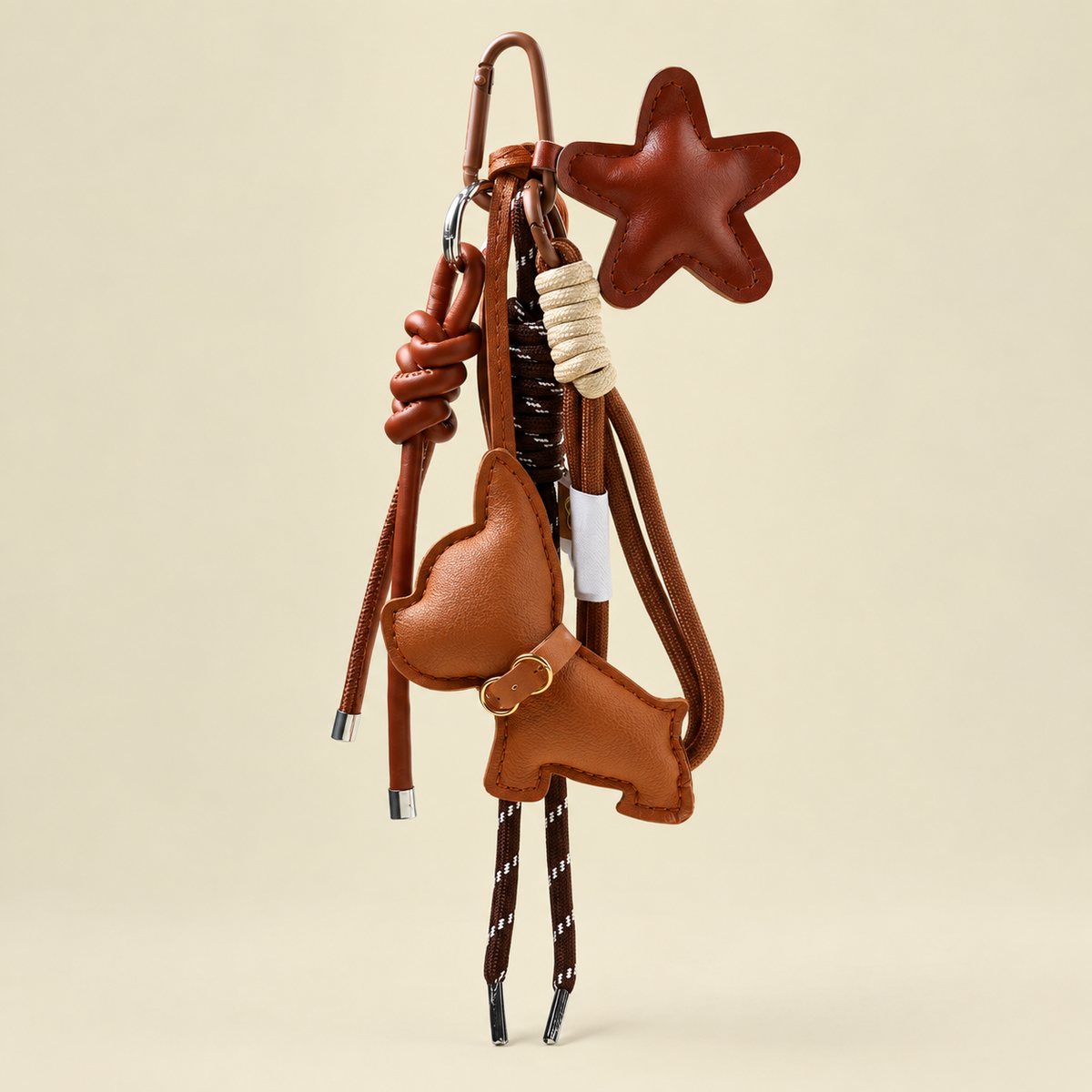 brown dog bag charm with star and cords