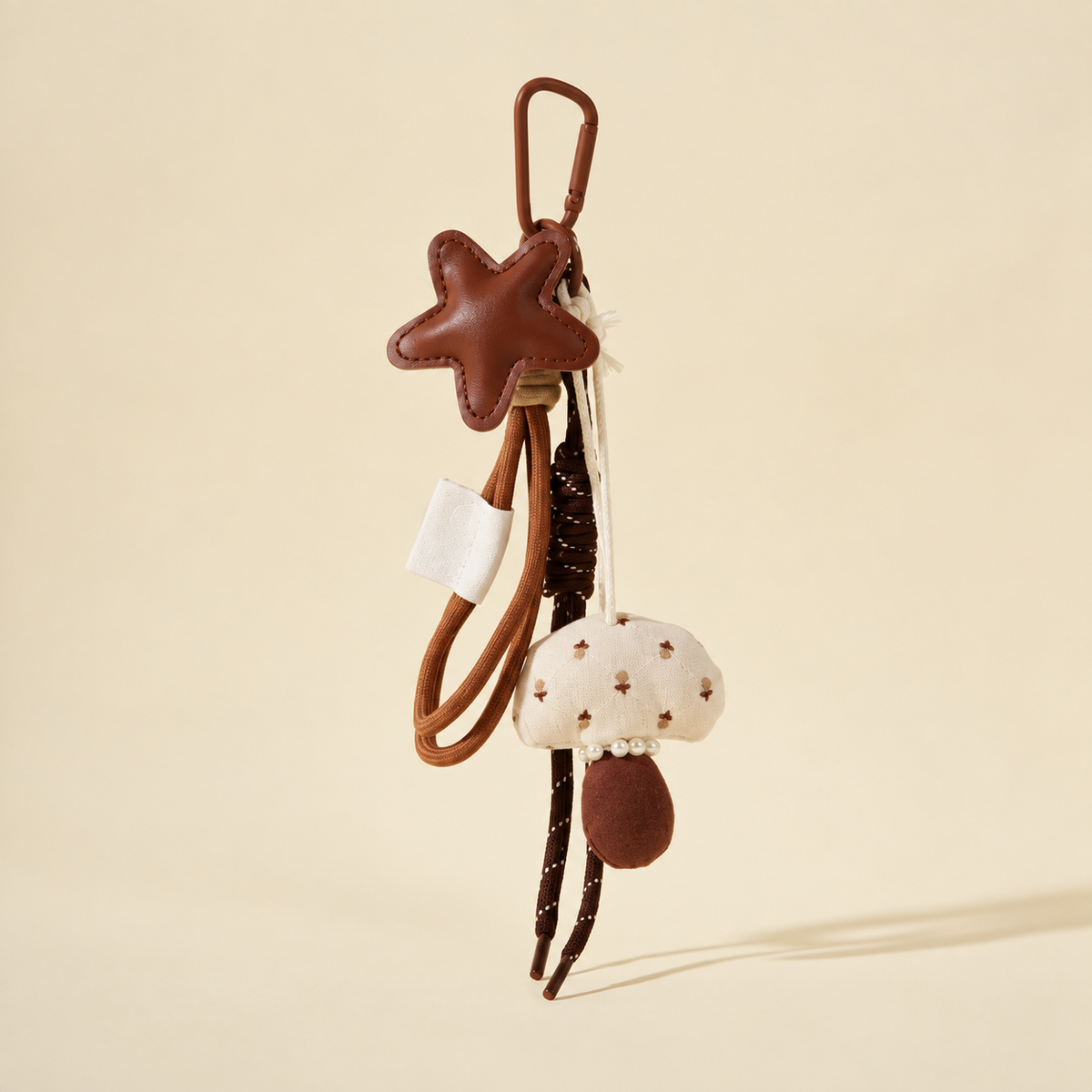 apricot mushroom bag charm with knotted cords