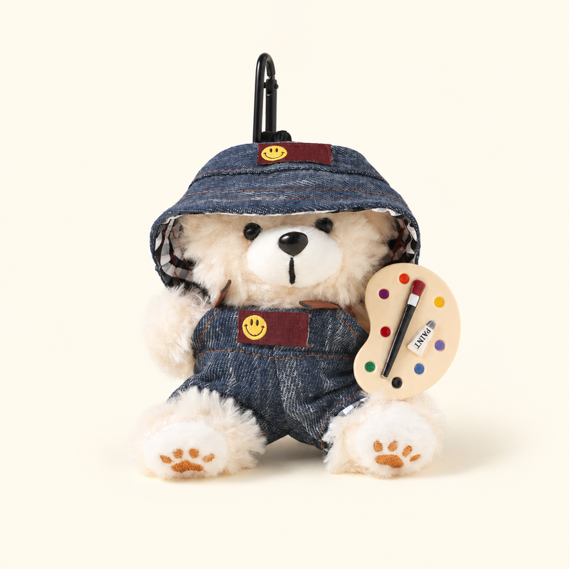 cream denim painter bear plush bag charm