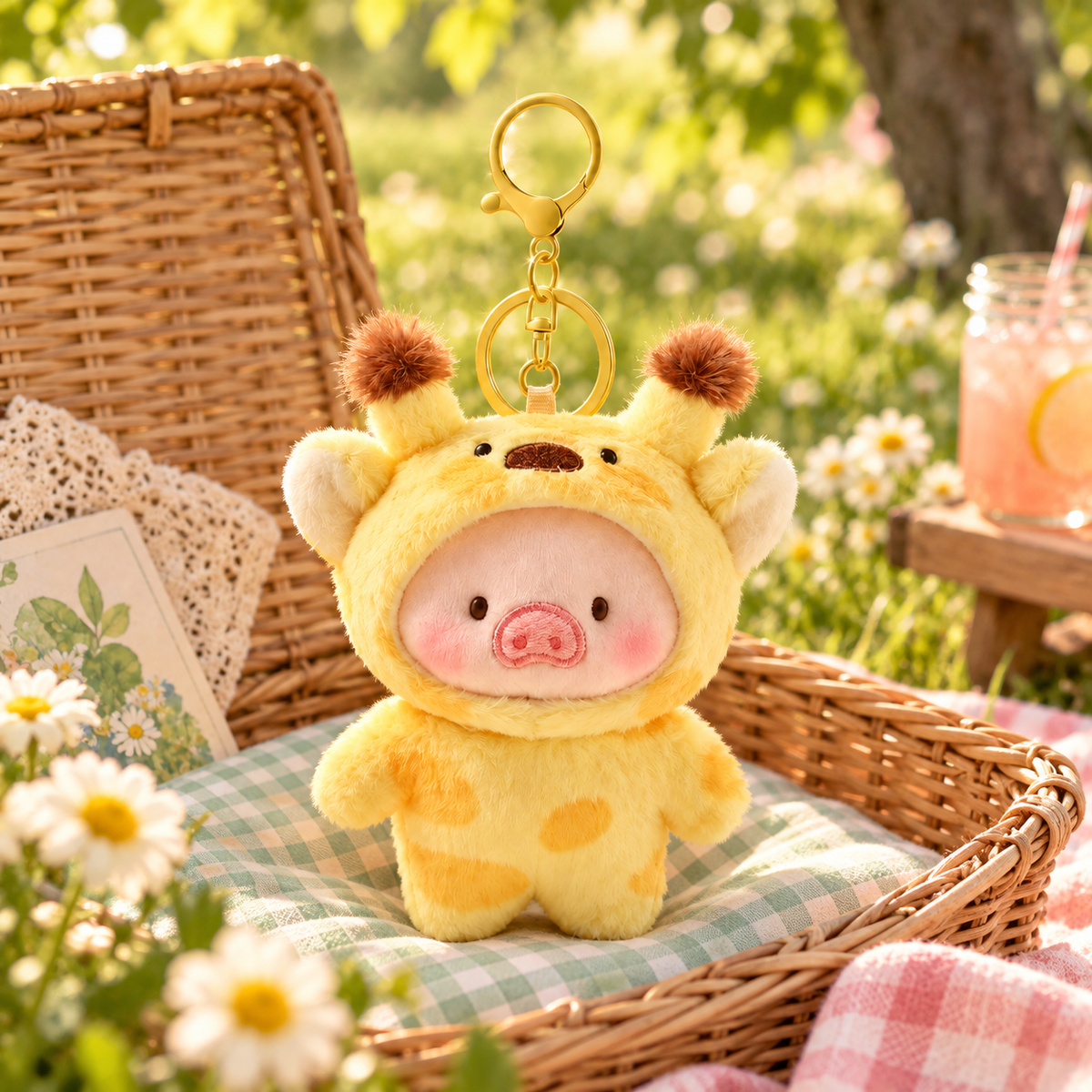 Animal Costume Pig Plush Bag Charm in a styled storybook scene
