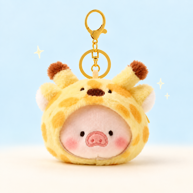 Animal Hood Pig Plush Coin Purse Charm on a soft pastel background