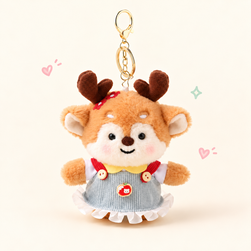 Apple Accent Dressed Deer Plush Bag Charm on a soft pastel background