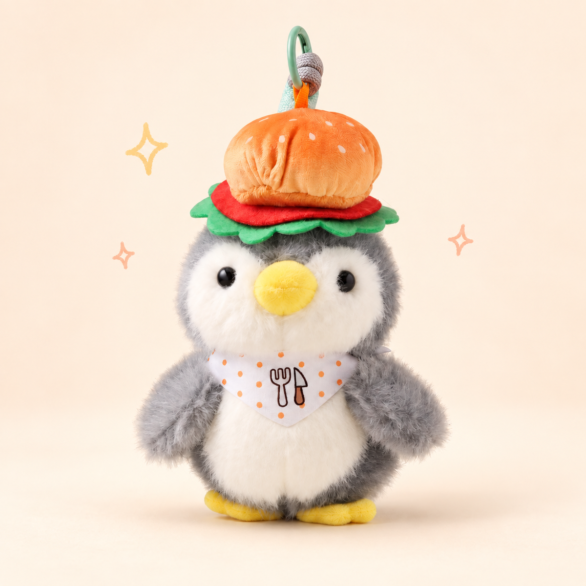 Bakery Outfit Penguin Plush Bag Charm on a soft pastel background