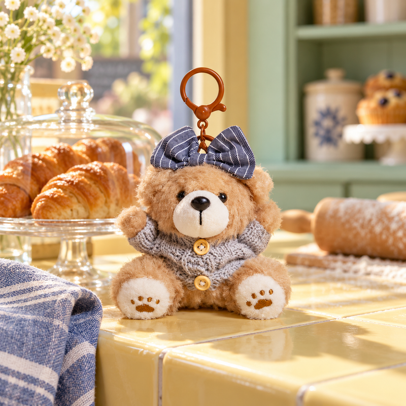 Baking Bear Plush Keychain in a styled storybook scene