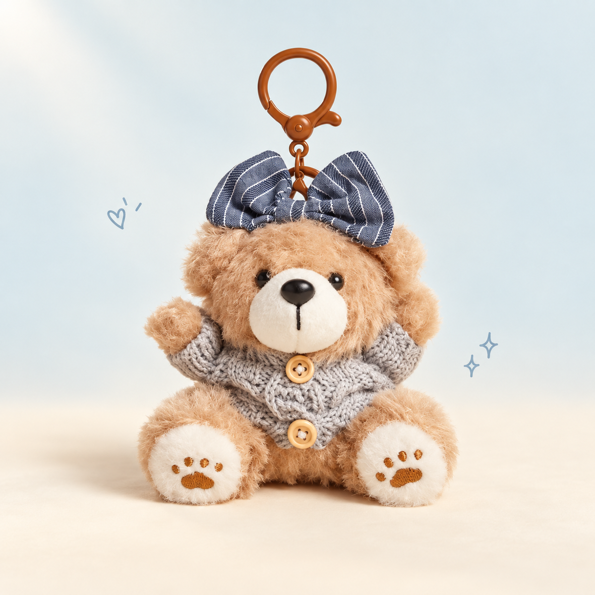 Baking Bear Plush Keychain on a softly lit cream and pastel background.