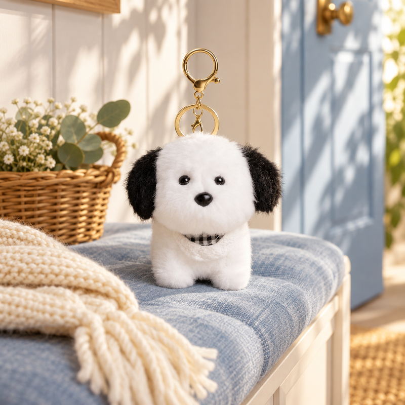Big Ear Dog Plush Charm in a styled storybook scene