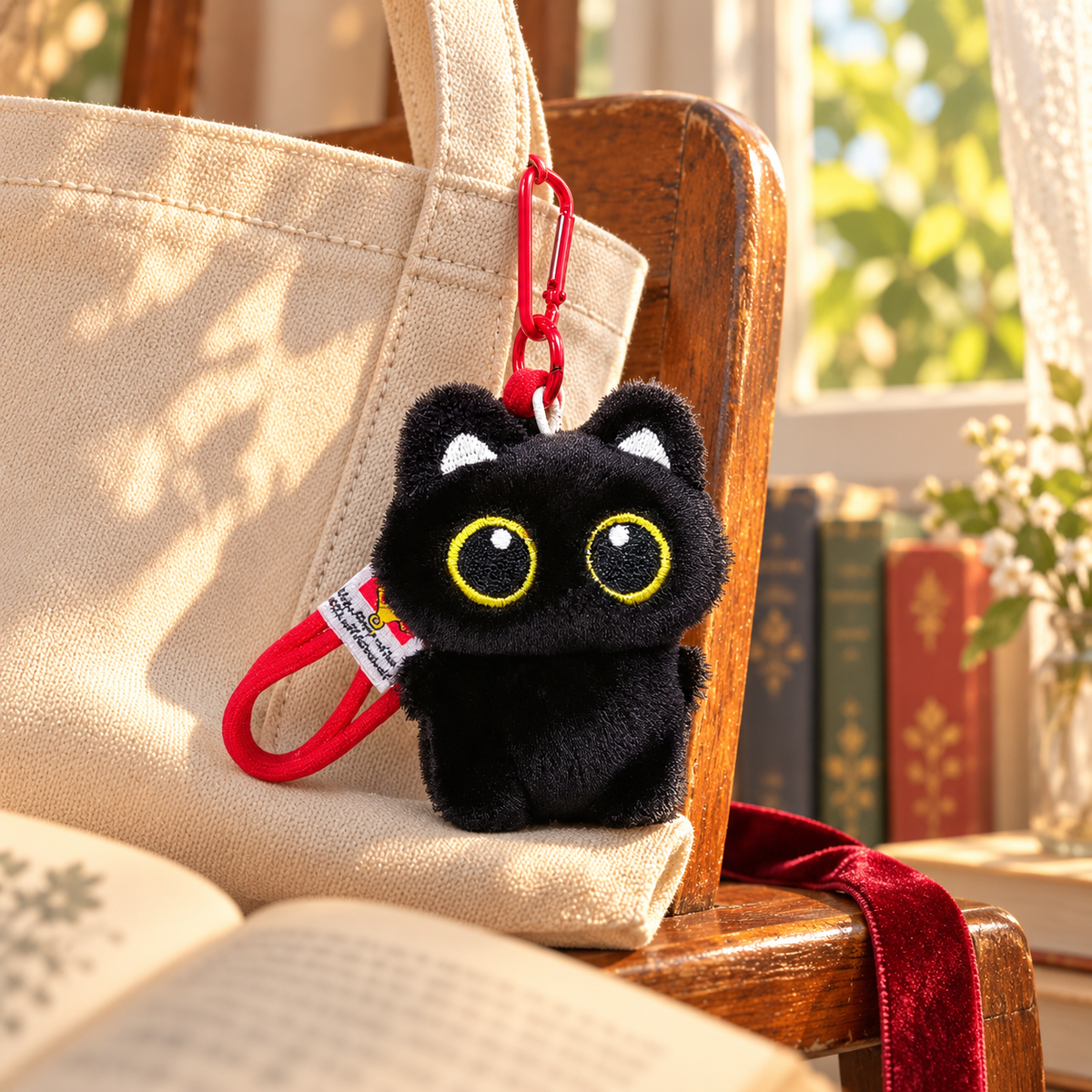 Black Cat Plush Keychain in a richly styled storybook scene