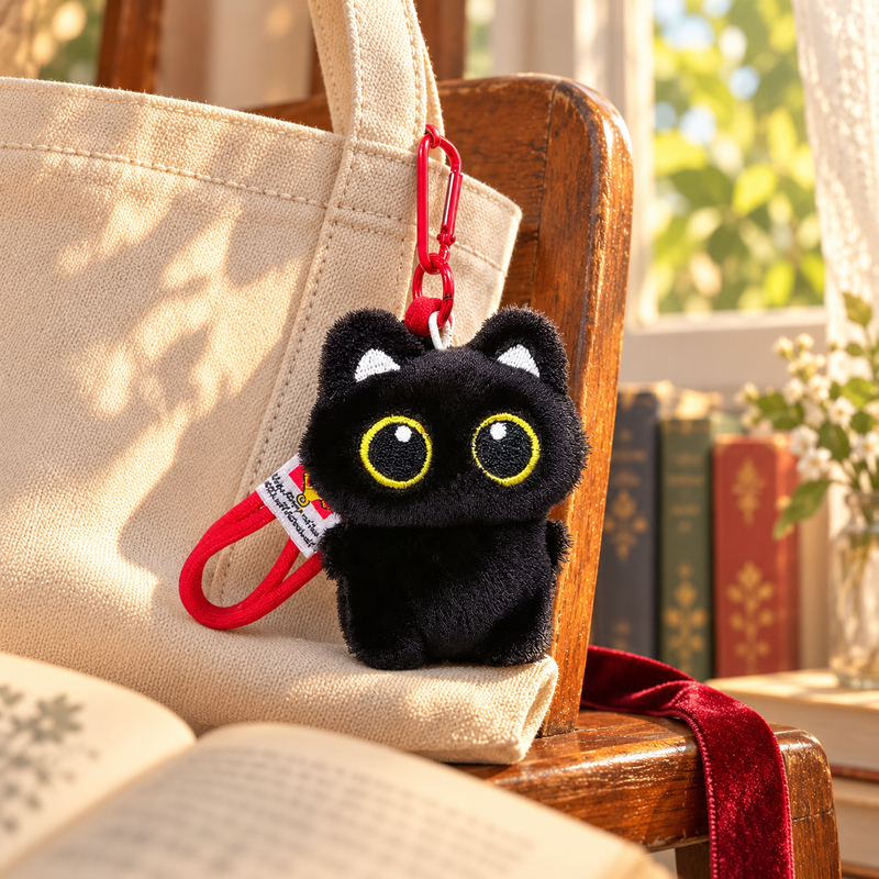 Black Cat Plush Keychain in a richly styled storybook scene