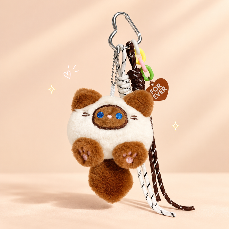 Brown cat plush keychain on a softly lit cream and pastel background.